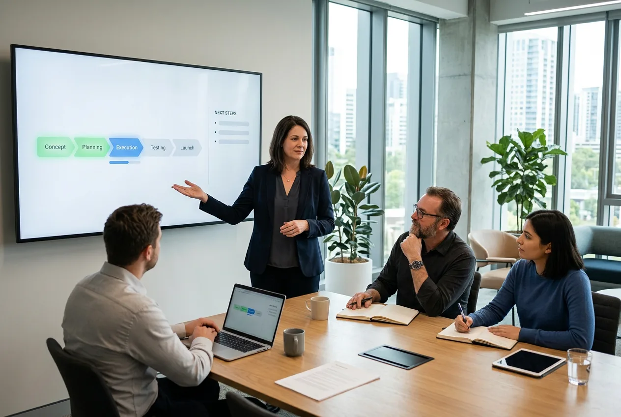 Project manager leading a progress review with a client team