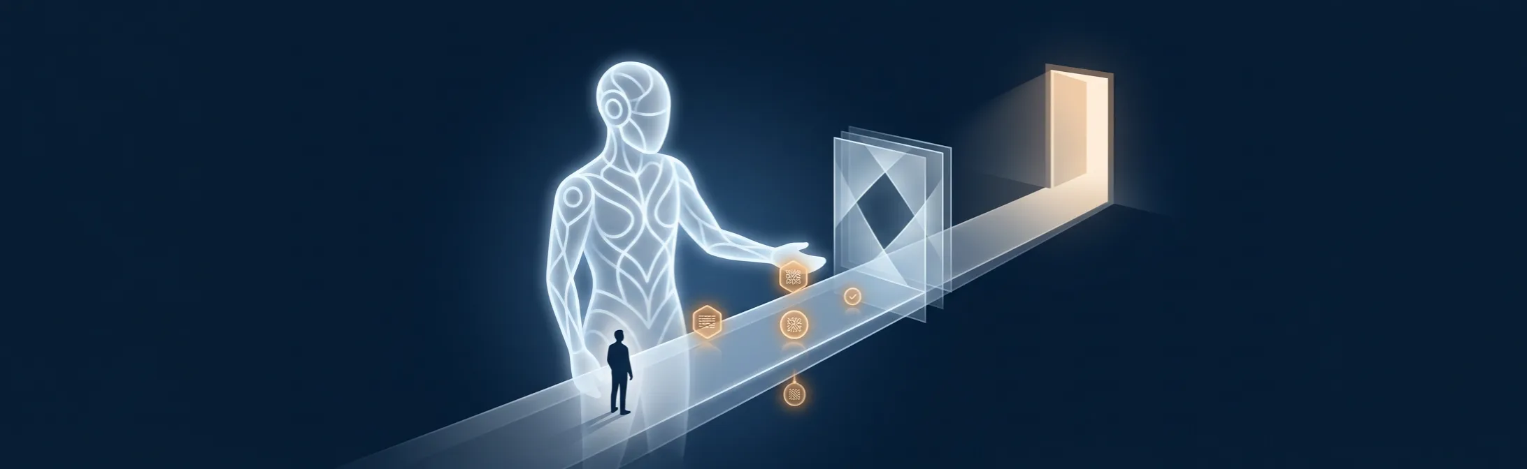 Glowing AI figure guiding a person along a citation-marked path toward an open door