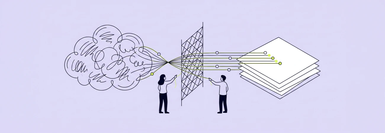 A tangled cloud of marks straightening through a lattice into blueprint layers as two figures reach for the same thread