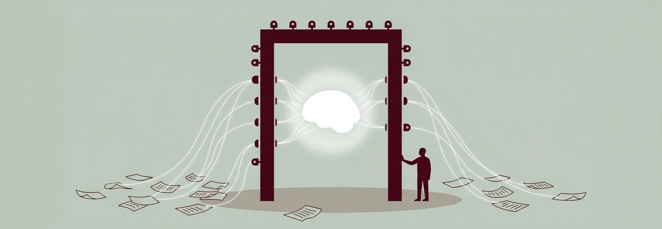 A glowing form inside a sealed frame with threads of light entering through small openings as a figure stands guard