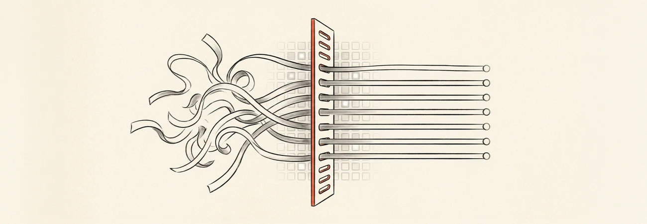 Fluid ribbons approaching a slotted panel, with only some passing through as orderly lines to small markers