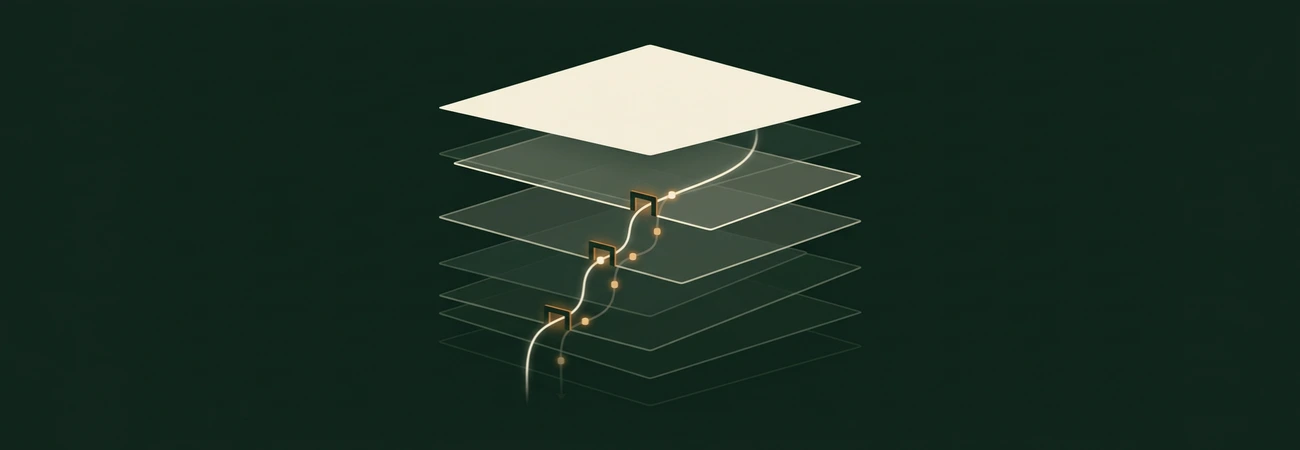 A luminous thread rising through gated layers toward one resolved plane at the top