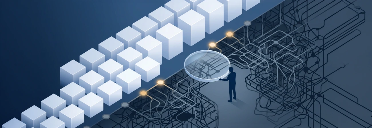 A figure holding a lens over clean geometric blocks, revealing a tangled hidden network beneath
