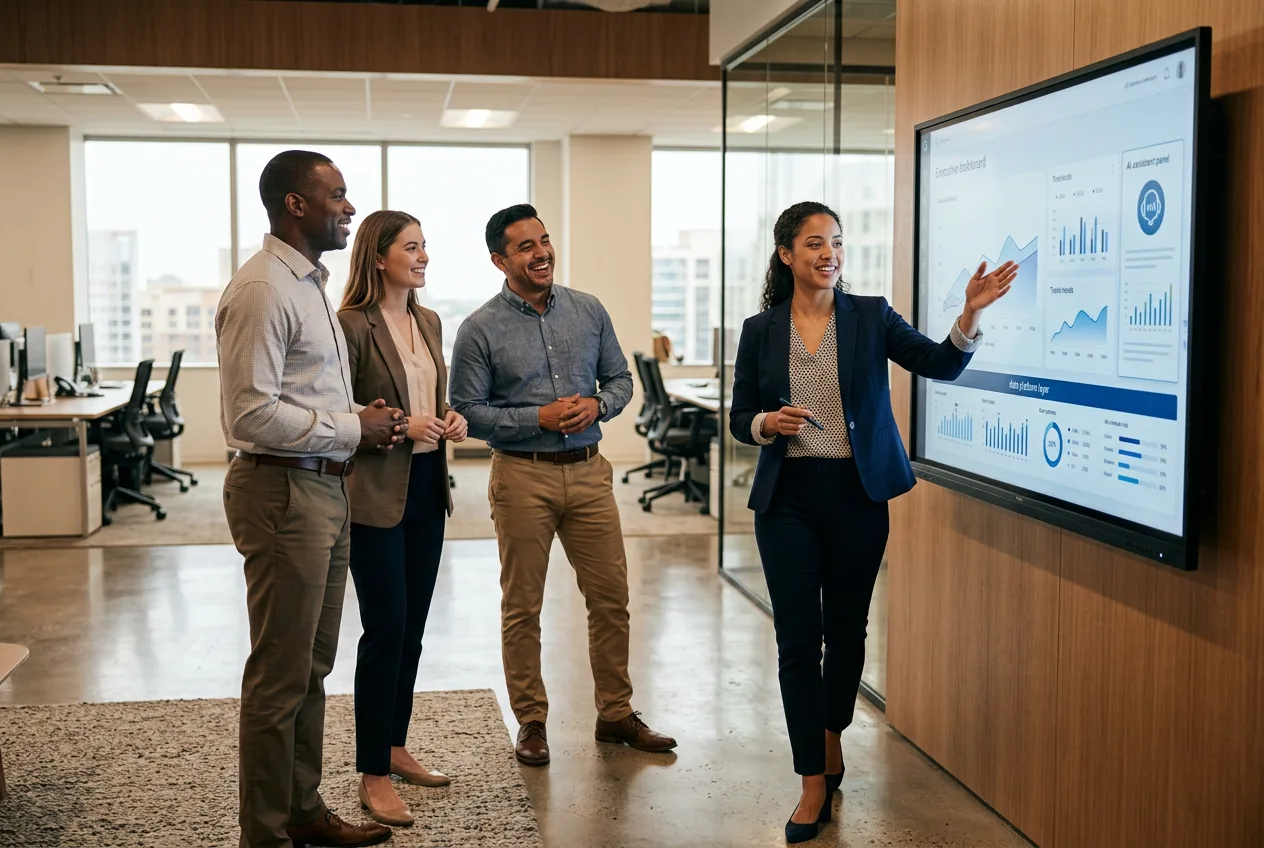 A consultant walking a client team through a unified Microsoft data and AI environment