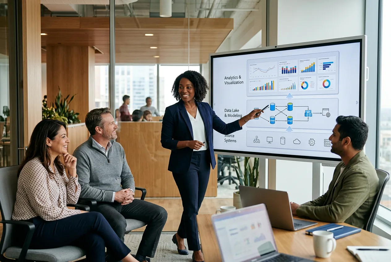 A consultant walking a client team through a modern Microsoft data platform
